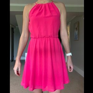 Hot pink mini dress (hits mid-thigh), halter neck, Nordstrom
